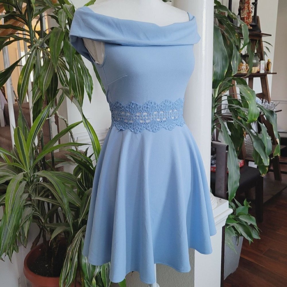 B. Darlin Sz 3/4 Fit Flare Dress Baby Blue Off Shoulder Crochet Special Occasion - Picture 4 of 12